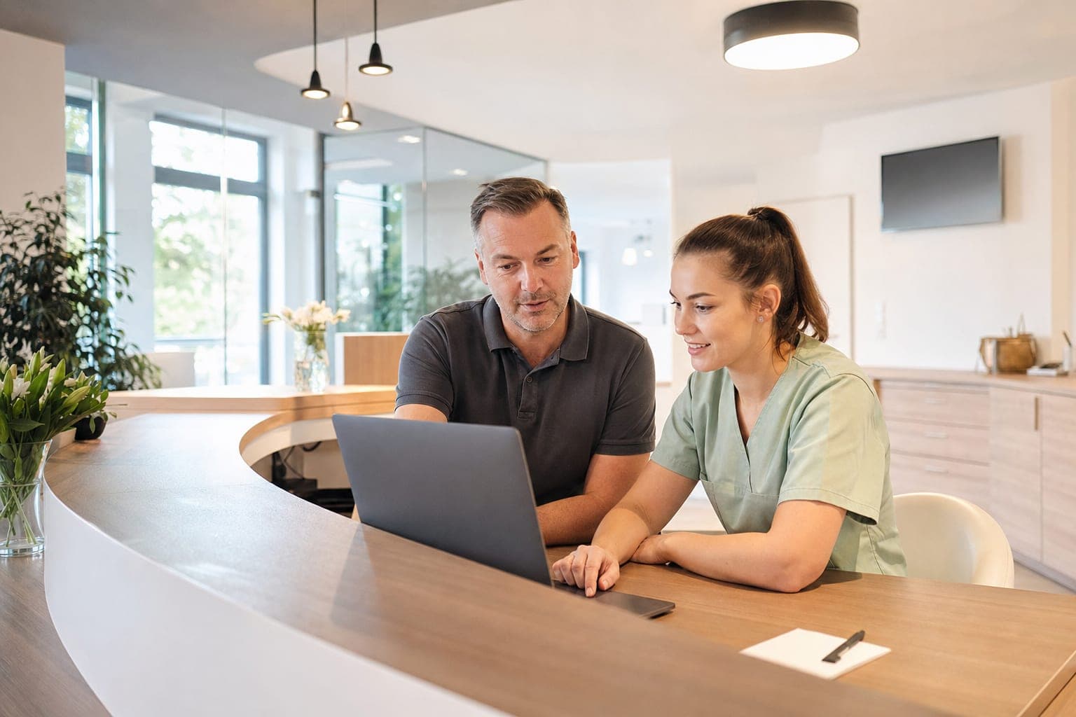 Zwei Personen im Büro besprechen am Laptop die offene Stelle